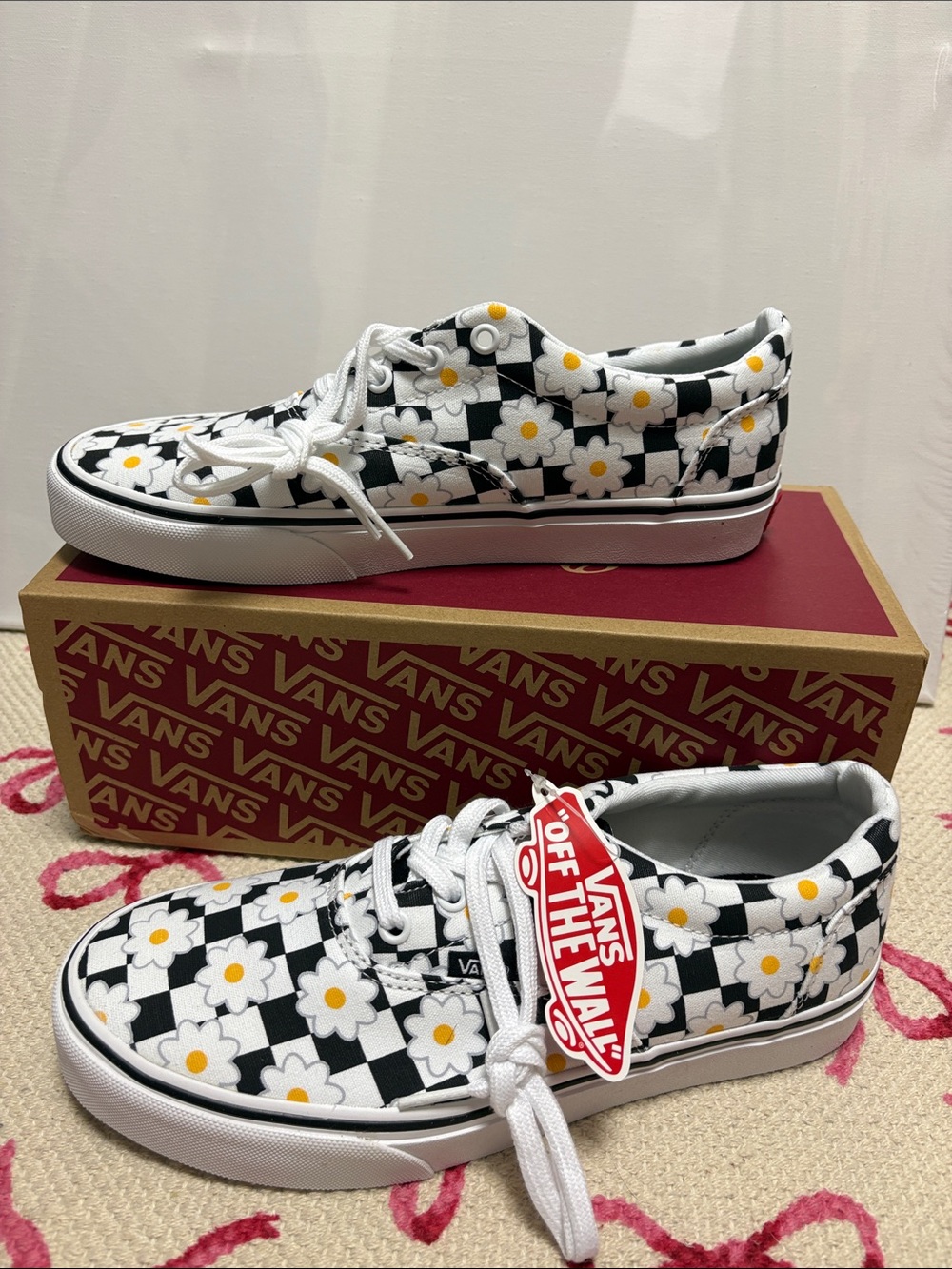 Vans Kids Black White Checkerboard Daisy Sneakers with Yellow Centers